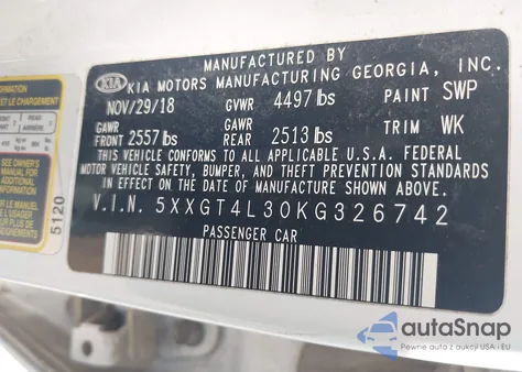 2019 Kia Optima Lx z USA, uszkodzony, nr VIN 5XXGT4L30KG326742